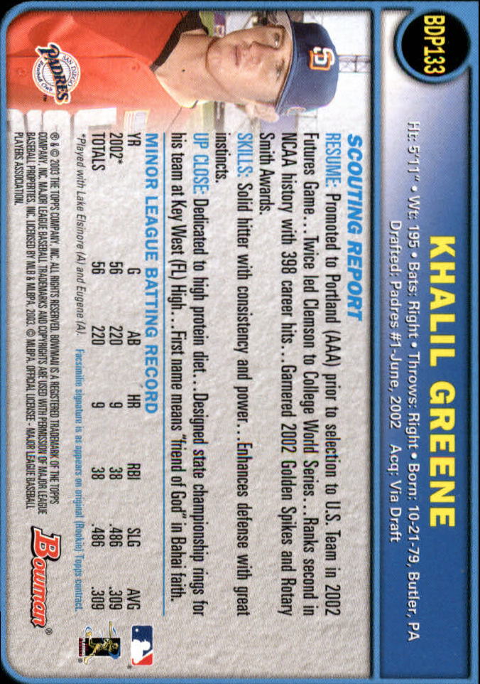 2003 Bowman Draft #133 Khalil Greene back image