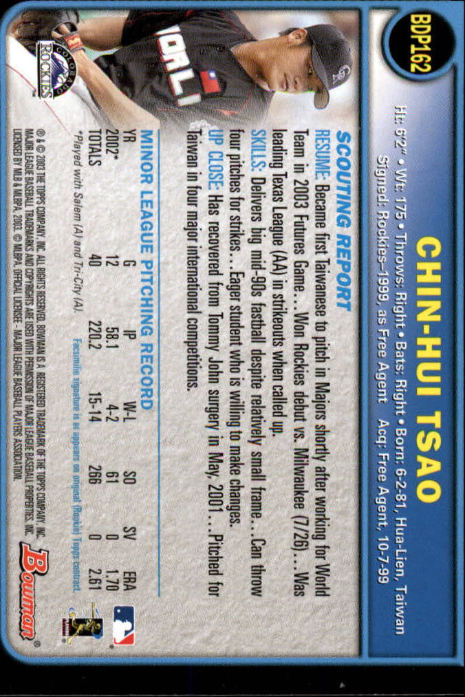 2003 Bowman Draft #162 Chin-Hui Tsao back image