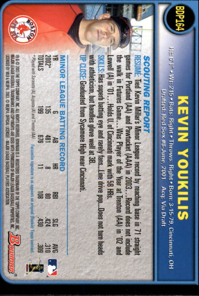 2003 Bowman Draft #164 Kevin Youkilis back image