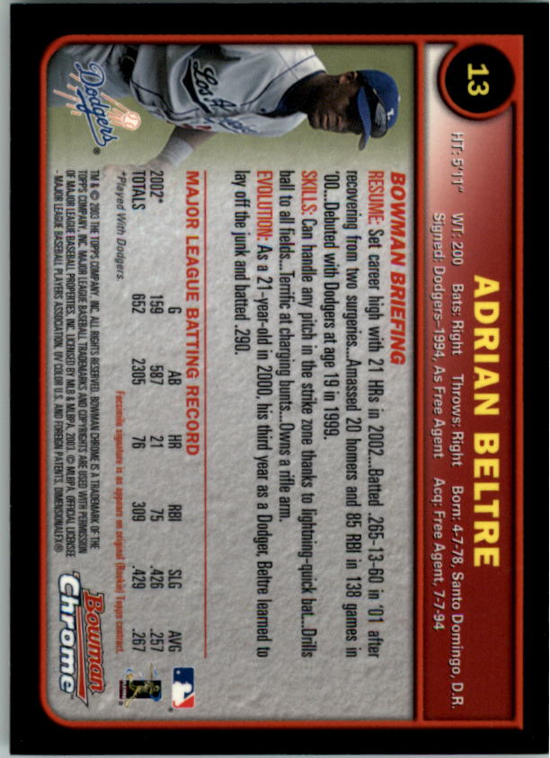 2003 Bowman Chrome #13 Adrian Beltre back image