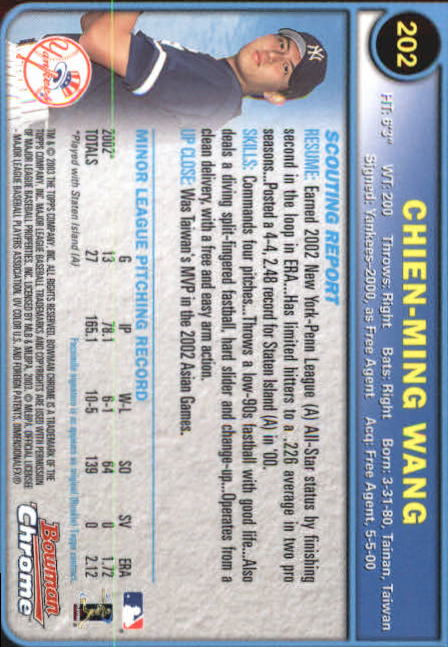 2003 Bowman Chrome #202 Chien-Ming Wang RC back image