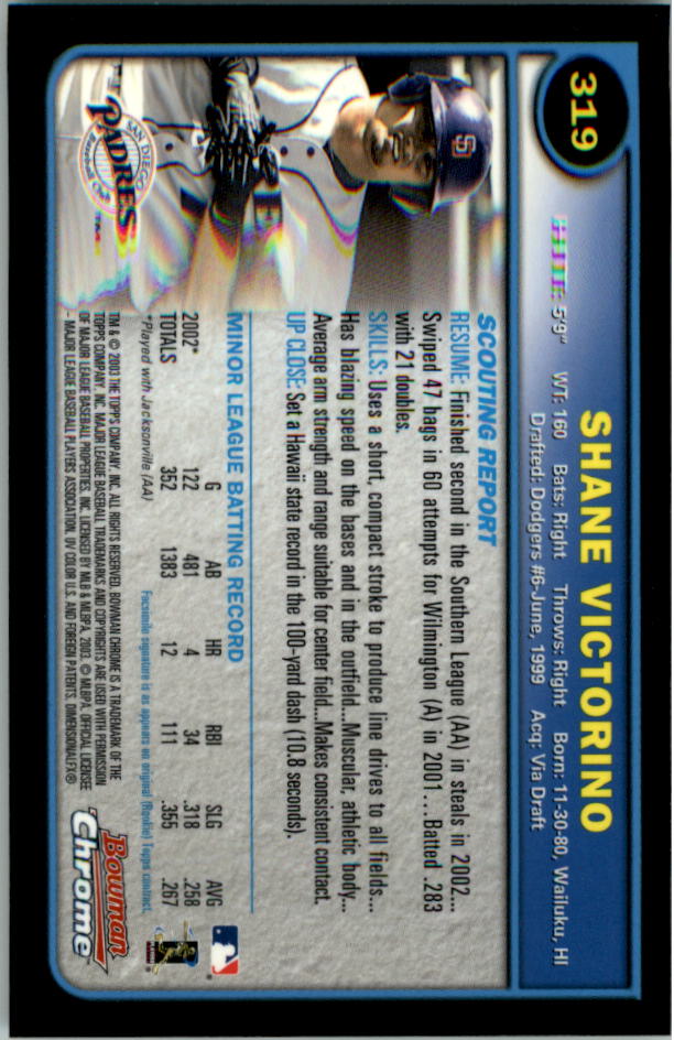 2003 Bowman Chrome #319 Shane Victorino RC back image