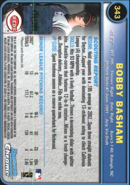2003 Bowman Chrome #343 Bobby Basham AU A RC back image