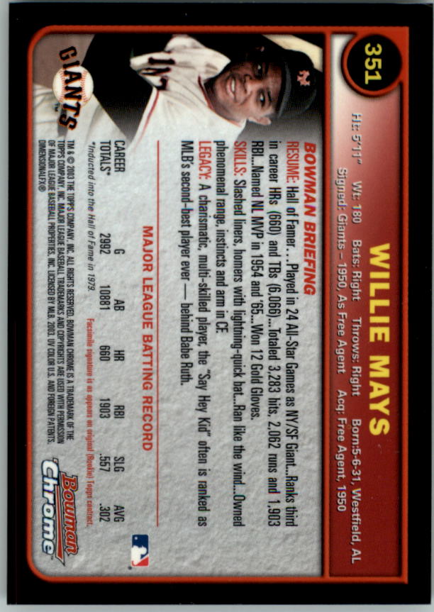 2003 Bowman Chrome #351 Willie Mays back image