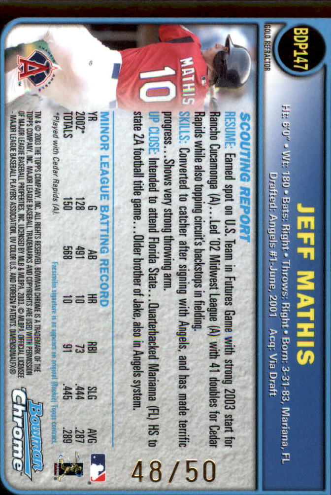 2003 Bowman Chrome Draft Gold Refractors #147 Jeff Mathis back image