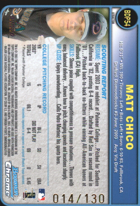 2003 Bowman Chrome Draft X-Fractors #54 Matt Chico back image