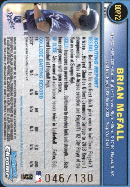 2003 Bowman Chrome Draft X-Fractors #72 Brian McFall back image