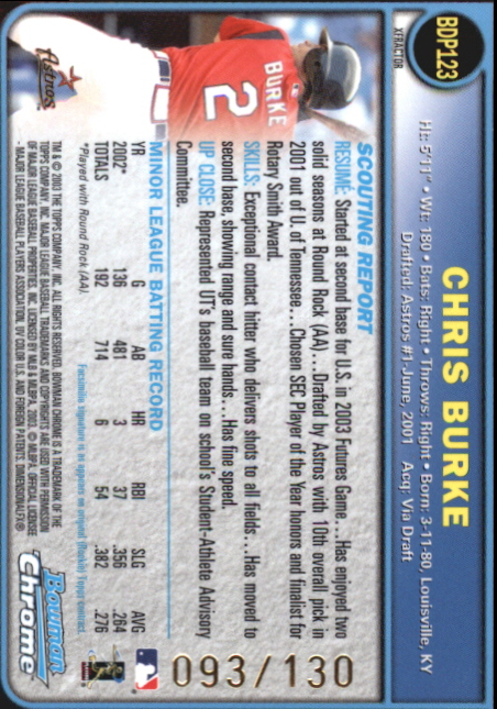 2003 Bowman Chrome Draft X-Fractors #123 Chris Burke back image