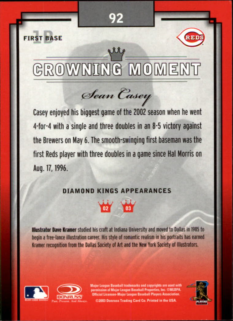 2003 Diamond Kings #92 Sean Casey back image