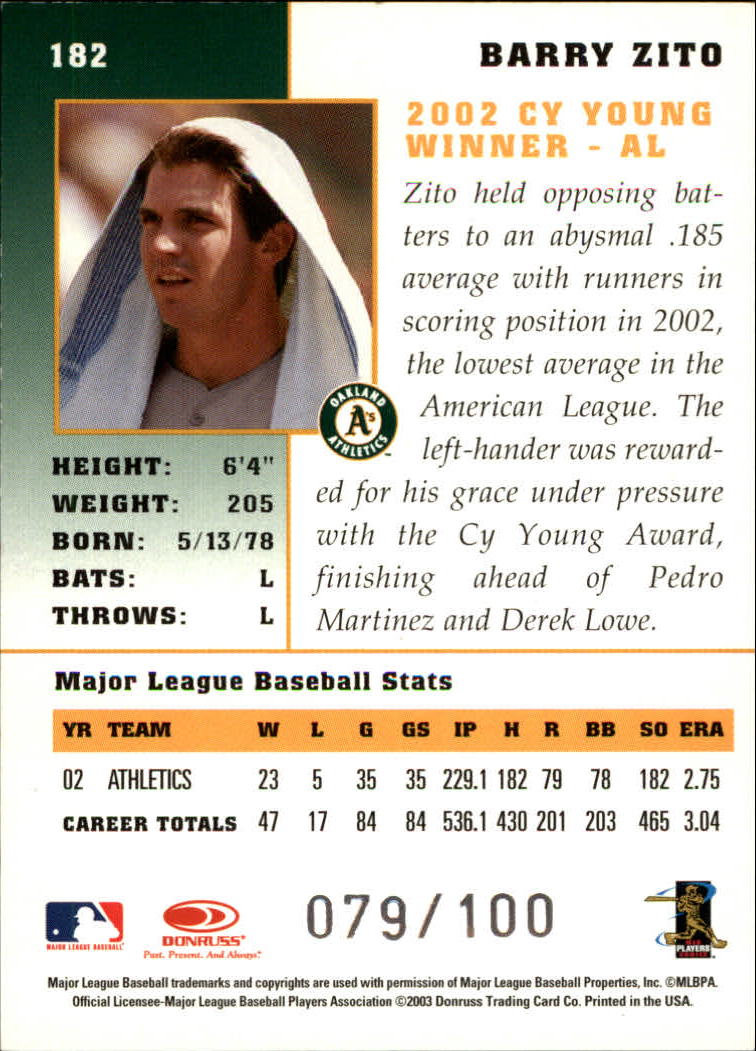 2003 Donruss Champions Metalized #182 Barry Zito back image