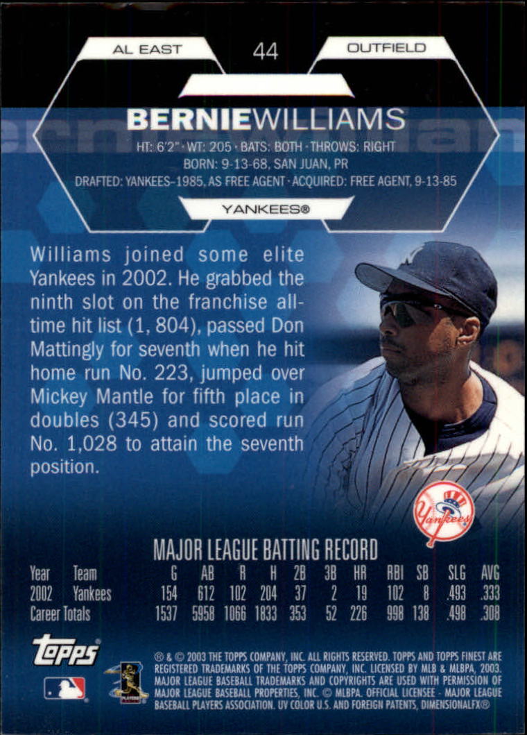 2003 Finest #44 Bernie Williams back image