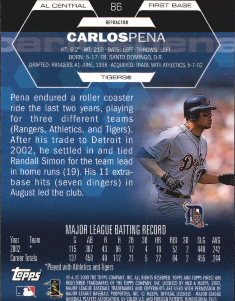2003 Finest Refractors #86 Carlos Pena back image