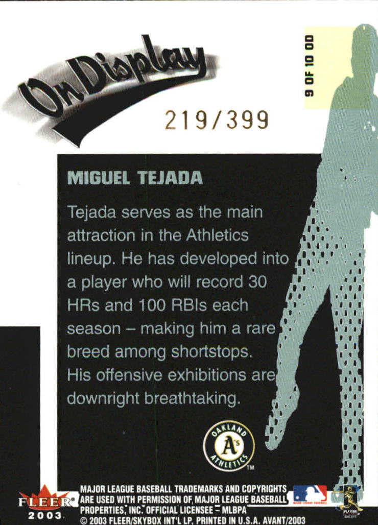 2003 Fleer Avant On Display #9 Miguel Tejada back image