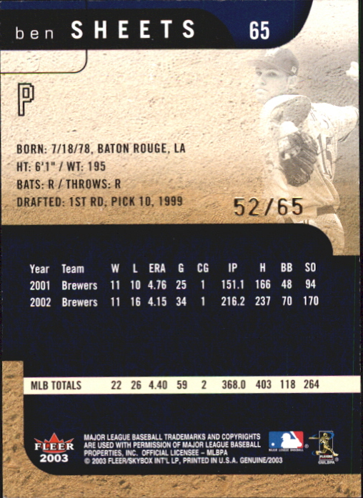 2003 Fleer Genuine Reflection Ascending #65 Ben Sheets/65 back image