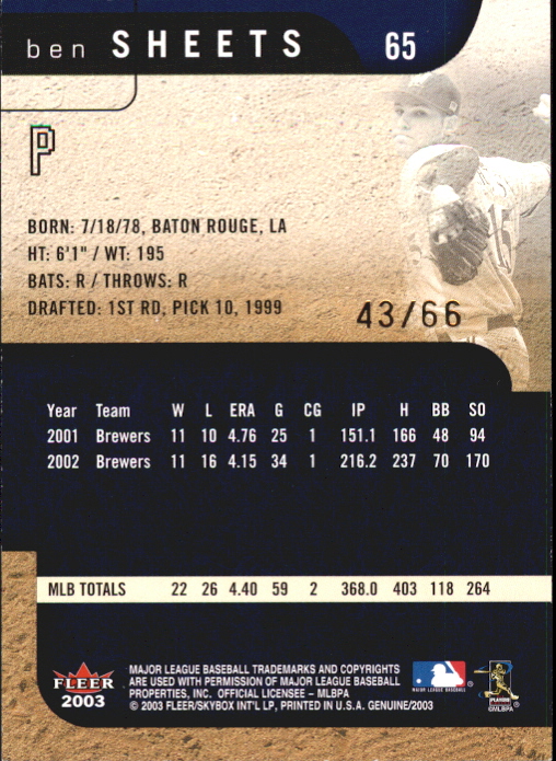 2003 Fleer Genuine Reflection Descending #65 Ben Sheets/66 back image