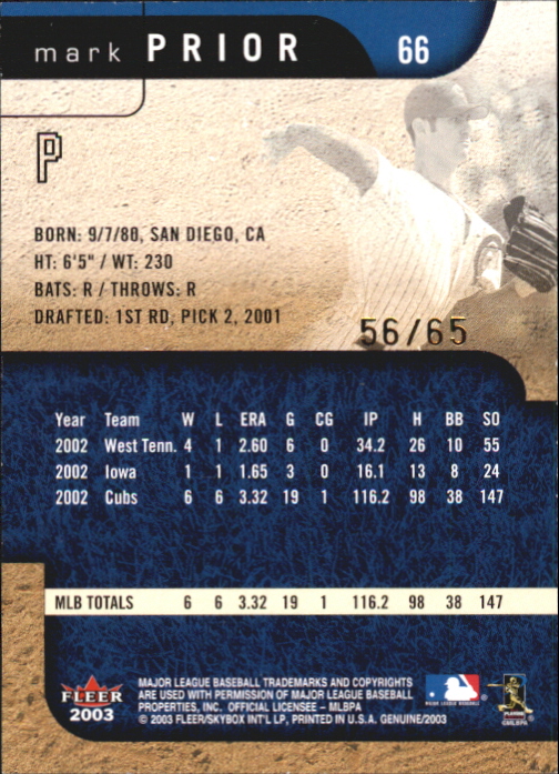 2003 Fleer Genuine Reflection Descending #66 Mark Prior/65 back image