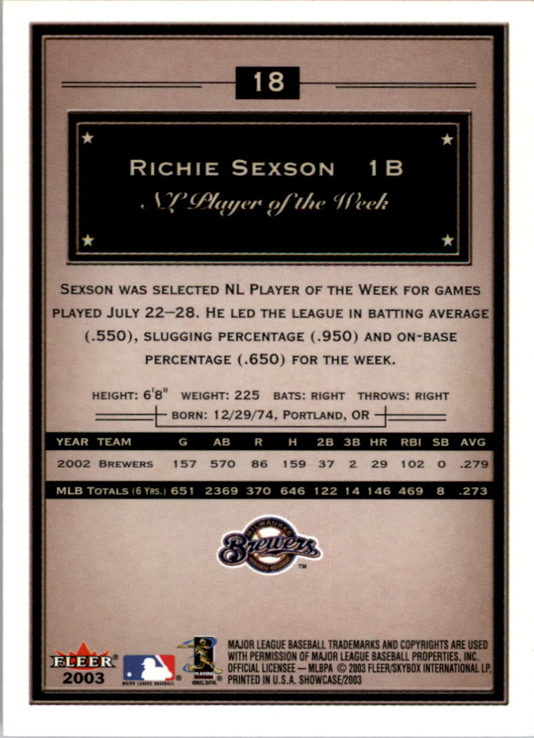 2003 Fleer Showcase #18 Richie Sexson back image