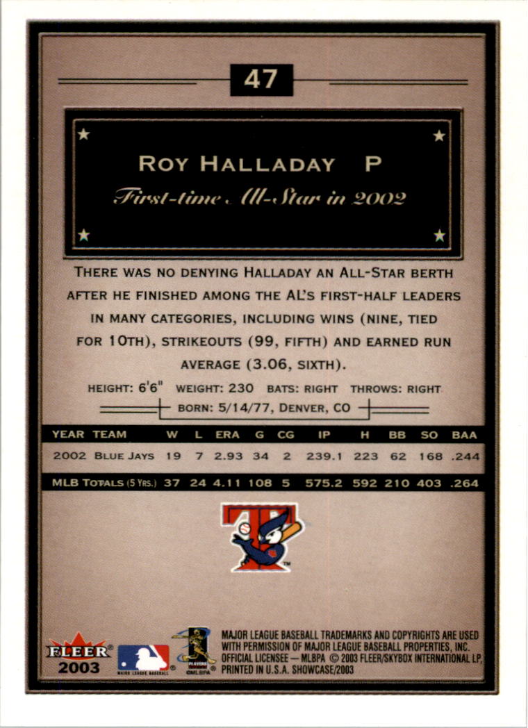 2003 Fleer Showcase #47 Roy Halladay back image