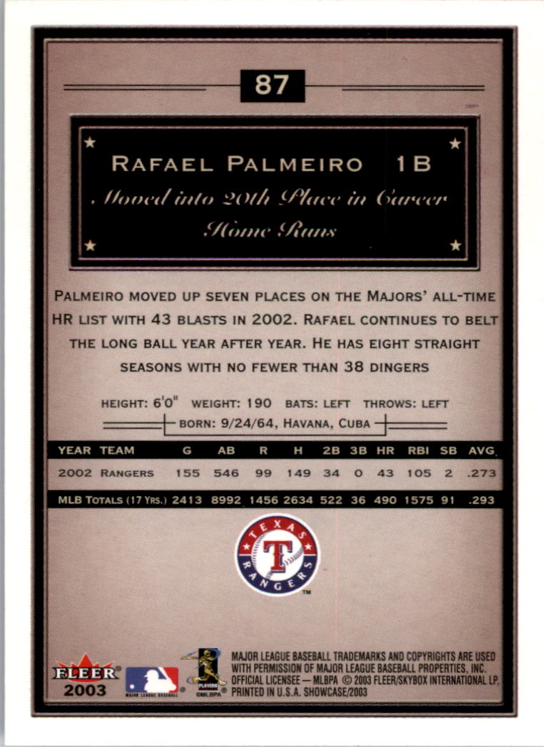 2003 Fleer Showcase #87 Rafael Palmeiro back image