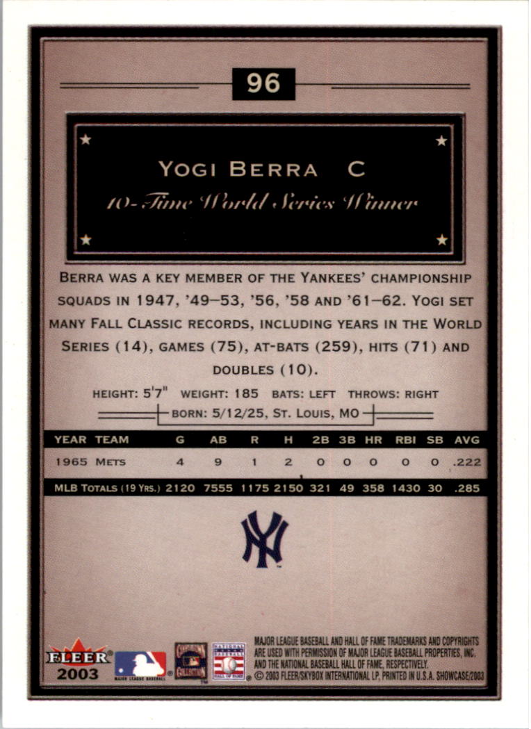 2003 Fleer Showcase #96 Yogi Berra back image