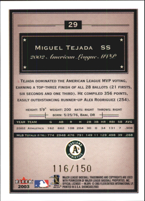 2003 Fleer Showcase Legacy #29 Miguel Tejada back image