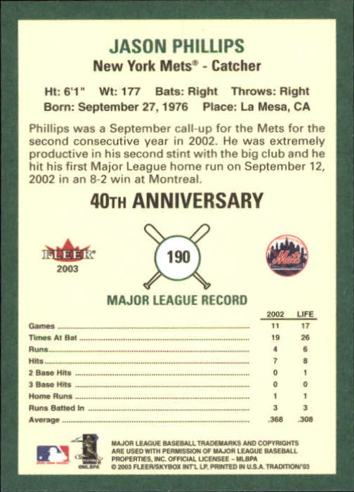 B2168- 2003 Fleer Tradition Baseball Card #s 1-265 -You Pick- 15+ FREE US SHIP - Picture 339 of 487