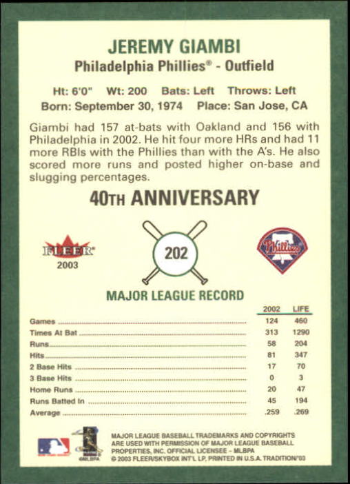 B2168- 2003 Fleer Tradition Baseball Card #s 1-265 -You Pick- 15+ FREE US SHIP - Picture 363 of 487