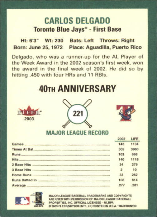 B2168- 2003 Fleer Tradition Baseball Card #s 1-265 -You Pick- 15+ FREE US SHIP - Picture 399 of 487