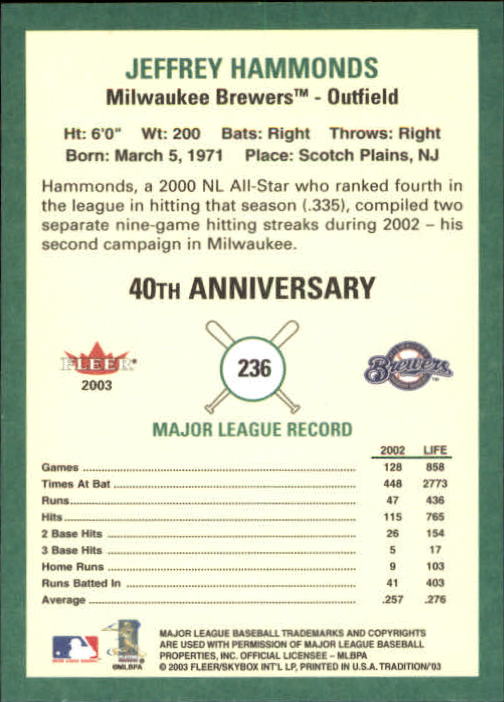 B2168- 2003 Fleer Tradition Baseball Card #s 1-265 -You Pick- 15+ FREE US SHIP - Picture 429 of 487