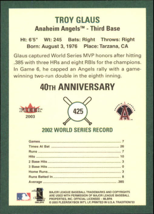 2003 Fleer Tradition #425 Troy Glaus AW back image