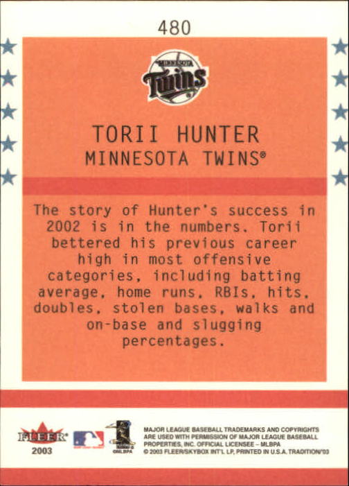 2003 Fleer Tradition #480 Torii Hunter BNR back image