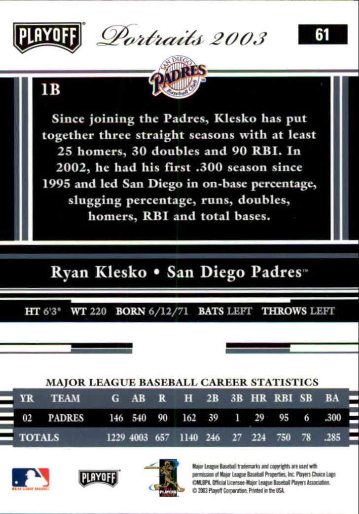 2003 Playoff Portraits Baseball "Main Set" Cards #1 to #144 - Picture 121 of 287
