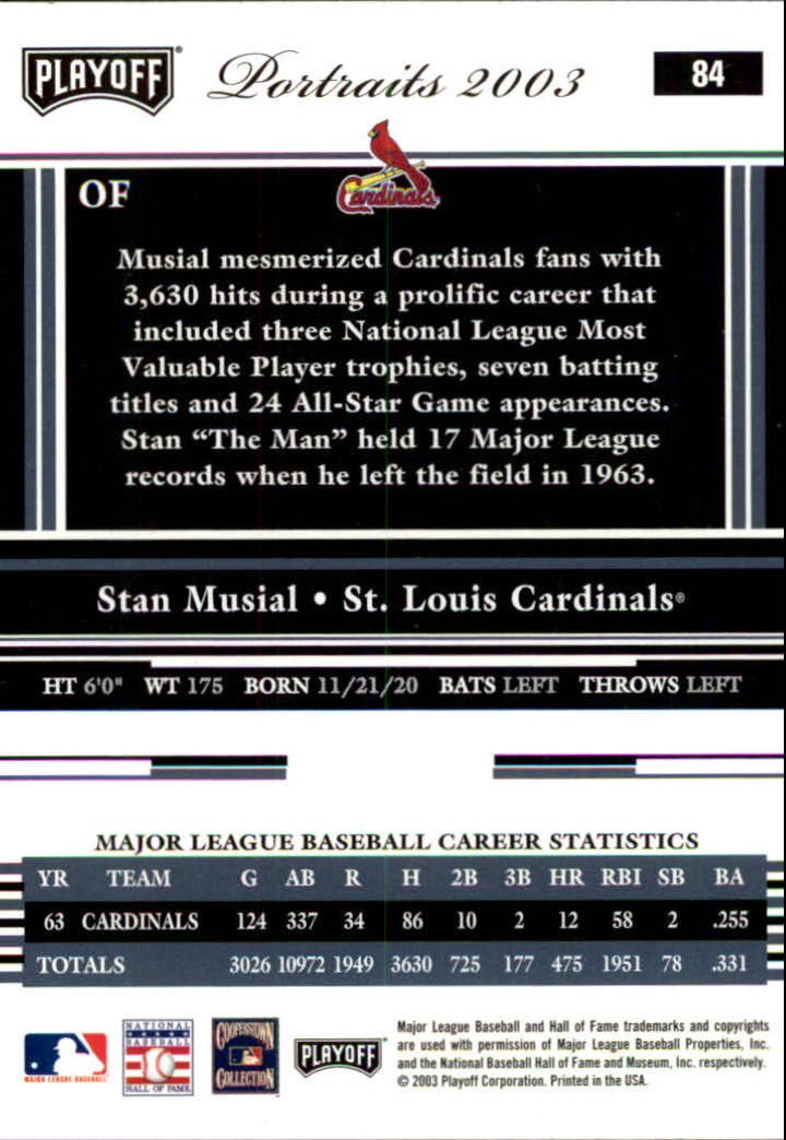 2003 Playoff Portraits #84 Stan Musial back image