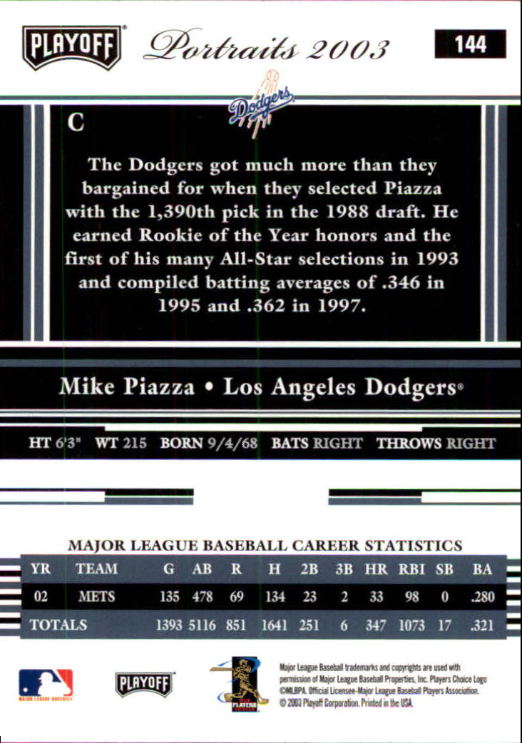 2003 Playoff Portraits Baseball "Main Set" Cards #1 to #144 - Picture 287 of 287