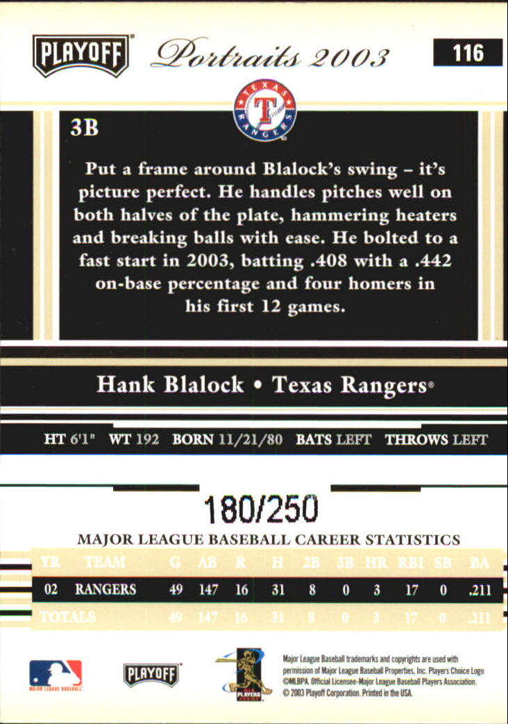 2003 Playoff Portraits Beige #116 Hank Blalock back image