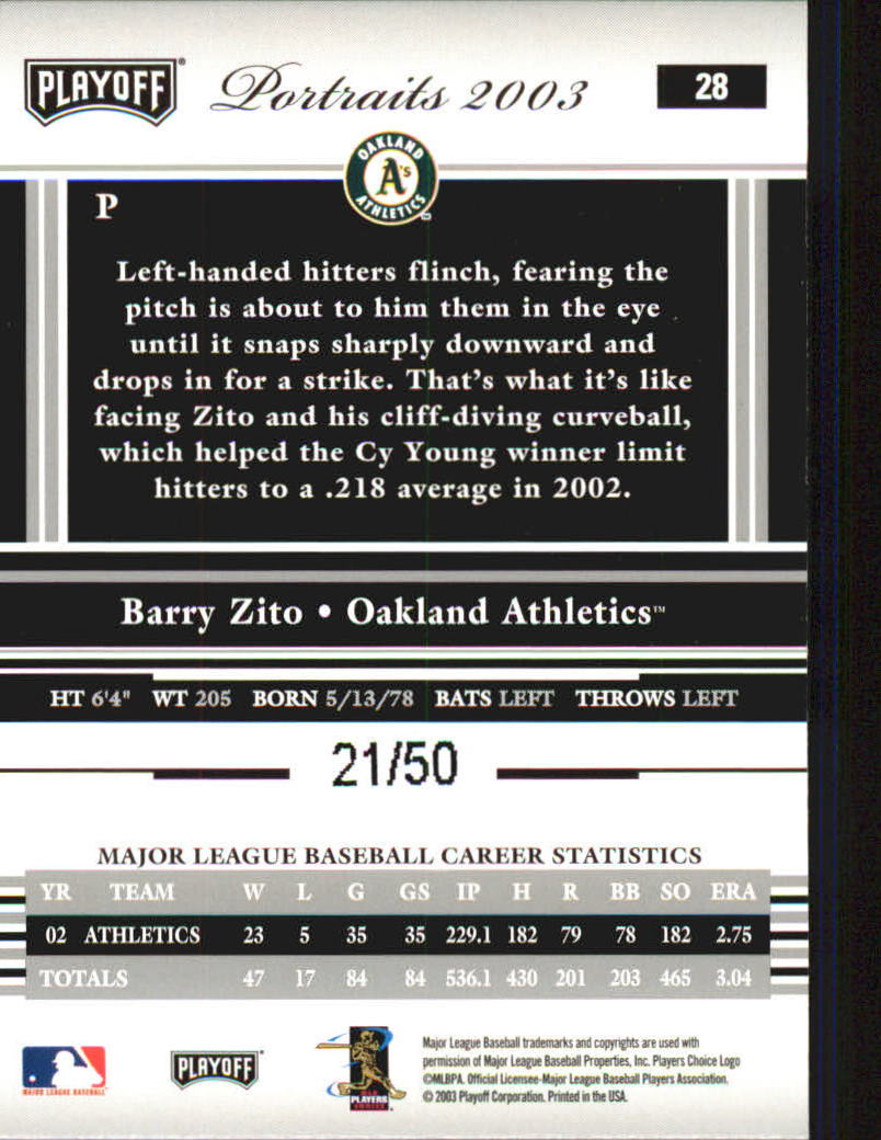 2003 Playoff Portraits Silver #28 Barry Zito back image