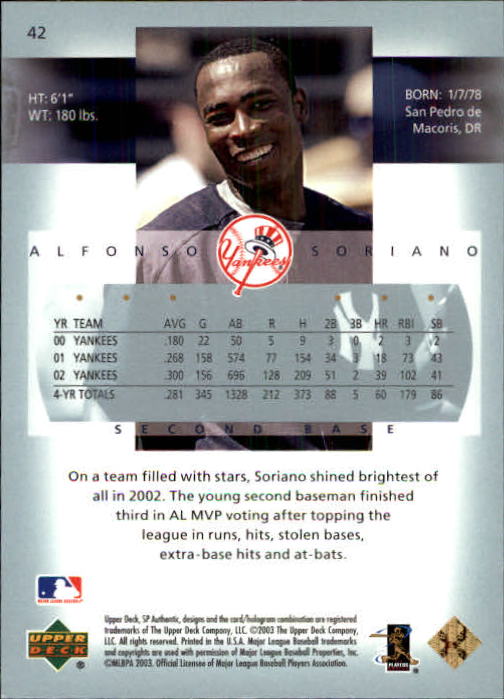 2003 SP Authentic #42 Alfonso Soriano back image