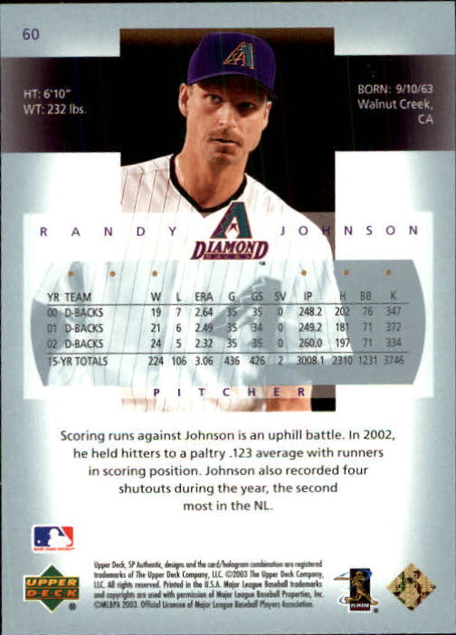 2003 SP Authentic #60 Randy Johnson back image