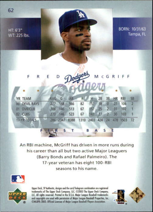 2003 SP Authentic #62 Fred McGriff back image