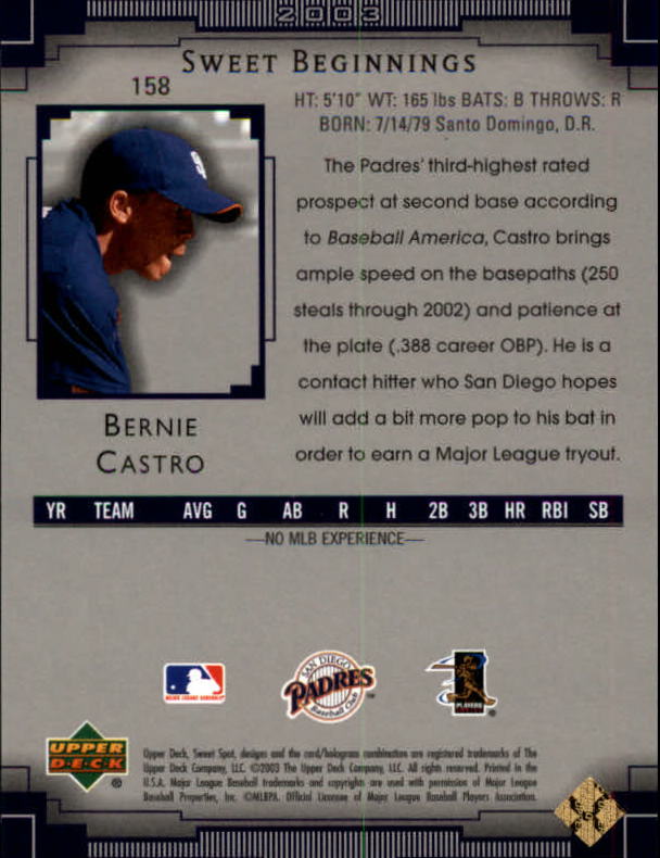 2003 Sweet Spot #158 Bernie Castro SB RC back image