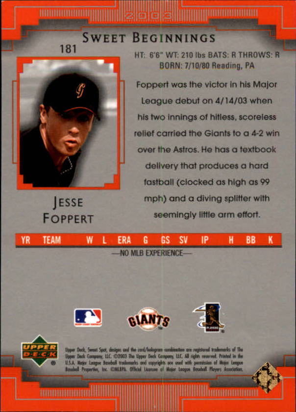 2003 Sweet Spot #181 Jesse Foppert SB back image