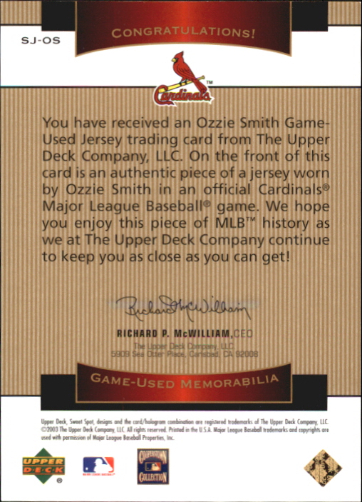 Ozzie Smith Autographed Signed 2003 Sweet Spot Classics Game Jersey Beckett  Authentic 1344