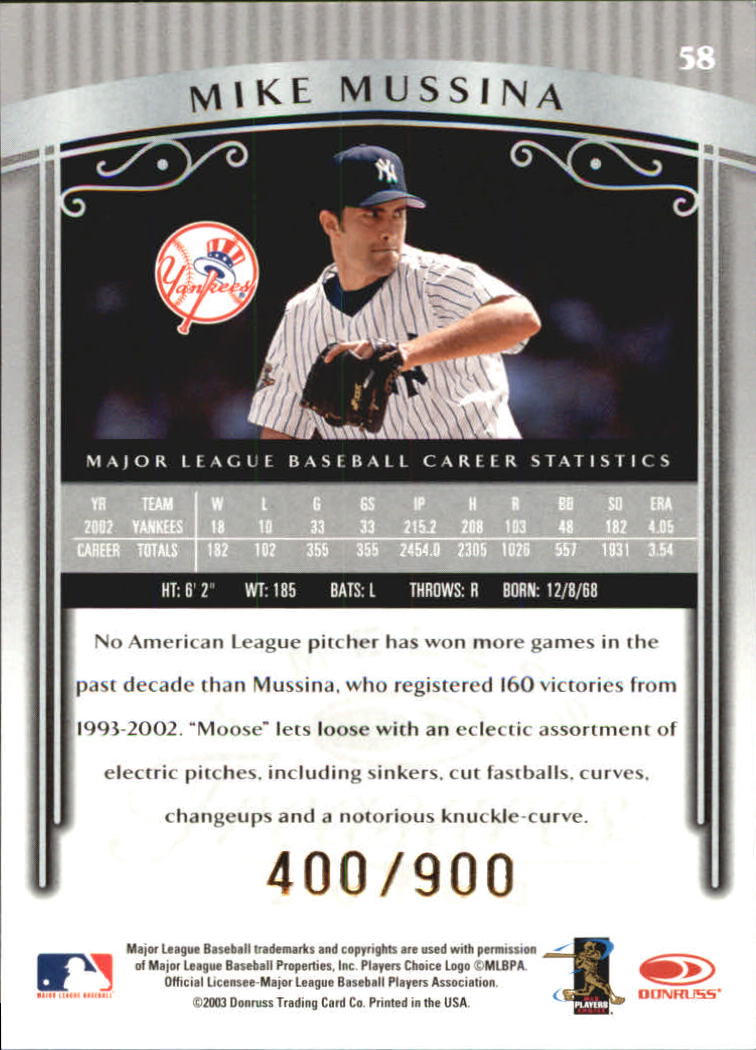 2003 Timeless Treasures #58 Mike Mussina back image