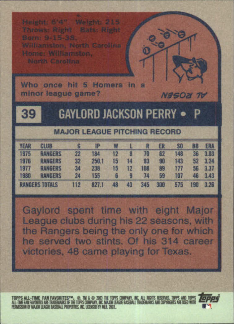 2003 Topps All-Time Fan Favorites #39 Gaylord Perry back image