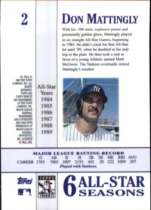 2003 Topps Tribute Perennial All-Star #2 Don Mattingly back image