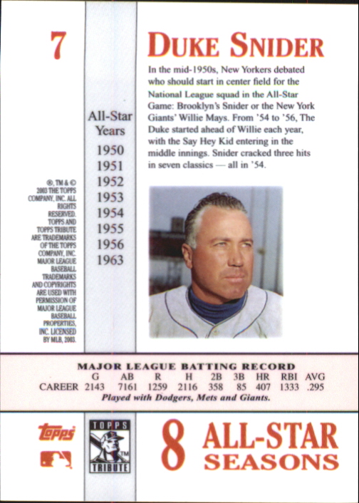 2003 Topps Tribute Perennial All-Star #7 Duke Snider back image