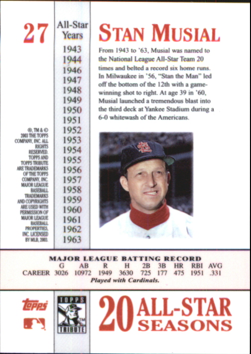 2003 Topps Tribute Perennial All-Star #27 Stan Musial back image