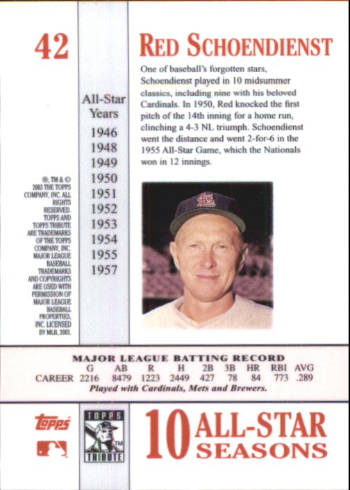 2003 Topps Tribute Perennial All-Star #42 Red Schoendienst back image