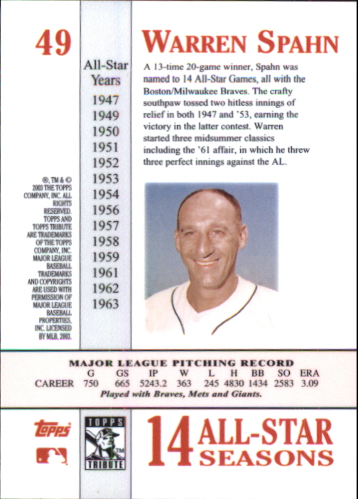 2003 Topps Tribute Perennial All-Star #49 Warren Spahn back image