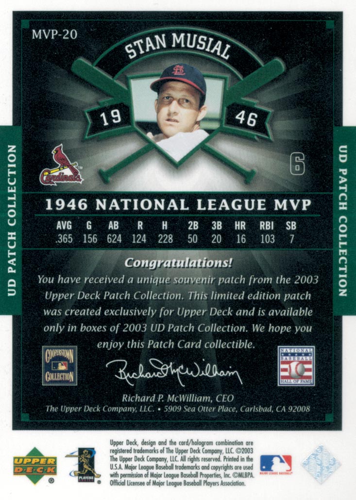 2003 UD Patch Collection MVP's #MVP20 Stan Musial 46 MVP back image